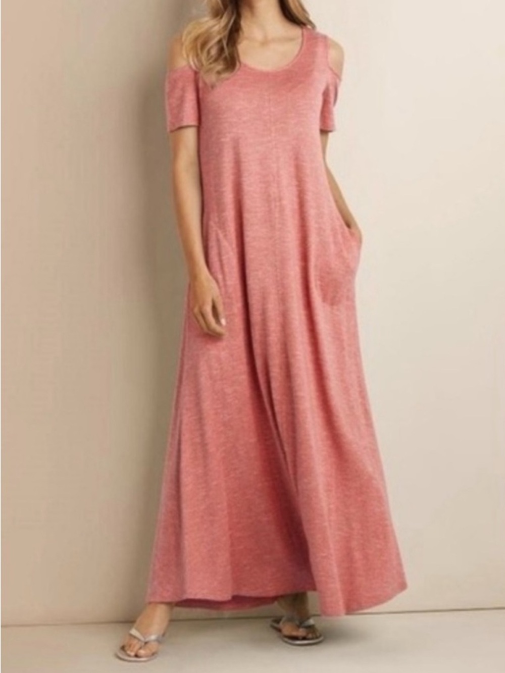 Soft Surroundings Electra Heather Pink Knit Cold Shoulder Maxi Dress Petite XS